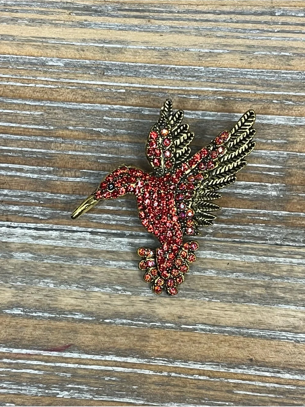 Vibrant Red Rhinestone Hummingbird Brooch Pin-Sparkly Bird Jewelry